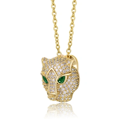 Rachel Glauber Rg 14k Yellow Gold Plated With Emerald & Cubic Zirconia 3d Panther Head Pendant Layering Necklace In Multi