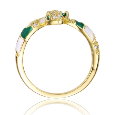 Rachel Glauber Rg 14k Yellow Gold Plated With Emerald & Cubic Zirconia Coiled Snake Serpent Open Bypass Cuff Ring In Multi
