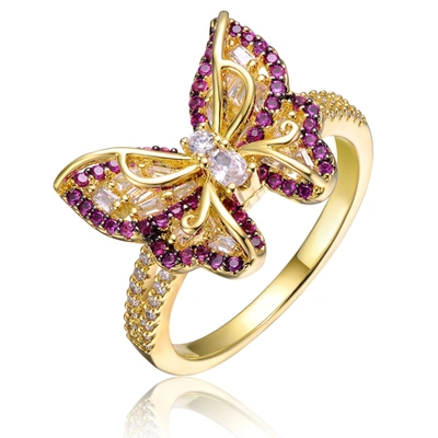 Shop Rachel Glauber Rg Young Adults/teens 14k Yellow Gold Plated With Amethyst & Cubic Zirconia Butterfly Split Top Ring In Pink