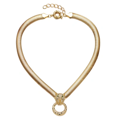 Rachel Glauber Rg 14k Yellow Gold Plated With Emerald & Cubic Zirconia Panther Head Door Knocker Wire Herringbone C In Gold