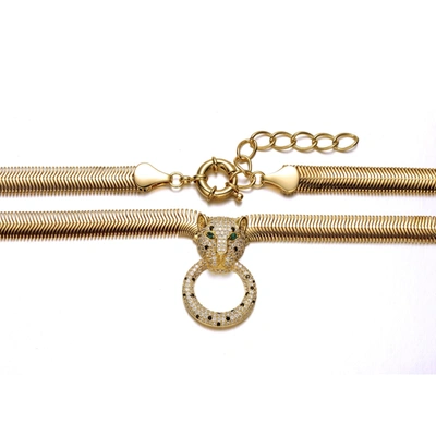 Rachel Glauber Rg 14k Yellow Gold Plated With Emerald & Cubic Zirconia Panther Head Door Knocker Wire Herringbone C In Gold