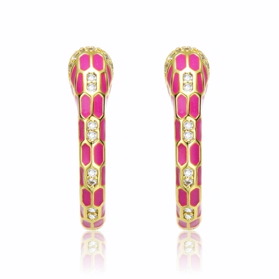 RACHEL GLAUBER RG 14K YELLOW GOLD PLATED WITH CUBIC ZIRCONIA PINK ENAMEL PYTHON SNAKE C-HOOP EARRINGS 