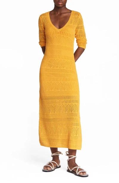 Shop Rag & Bone Renee Pointelle Cotton Blend Midi Dress In Deep Yellow