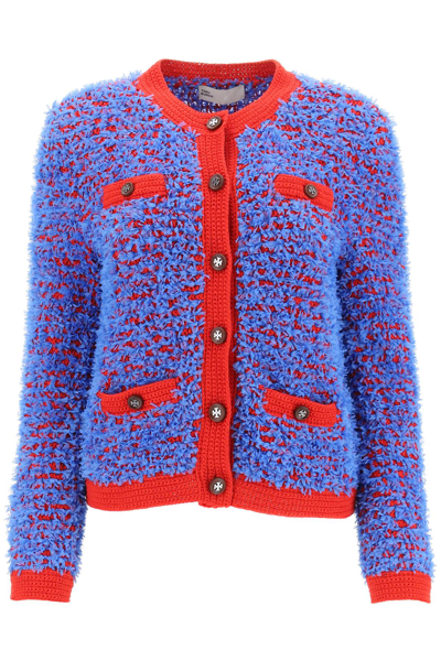 Shop Tory Burch Confetti Tweed Jacket In Blue Cosmo Red Chili (light Blue)