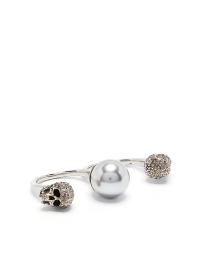 Shop Alexander Mcqueen Antiqued Double Pearl Skull Ring In Silver