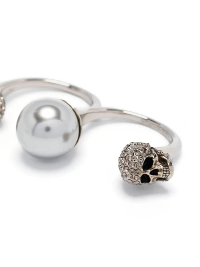 Shop Alexander Mcqueen Antiqued Double Pearl Skull Ring In Silver