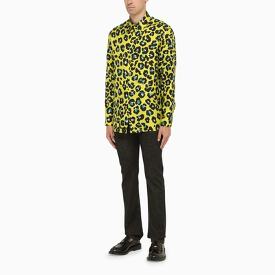 Shop Versace Acid Yellow Shirt In Printed Silk Men In Multicolor