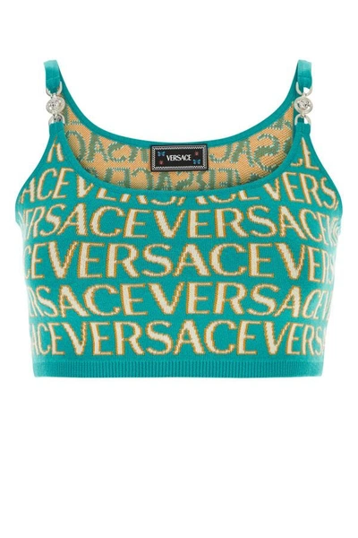 Shop Versace Woman Embroidered Cotton Blend Crop-top In Multicolor