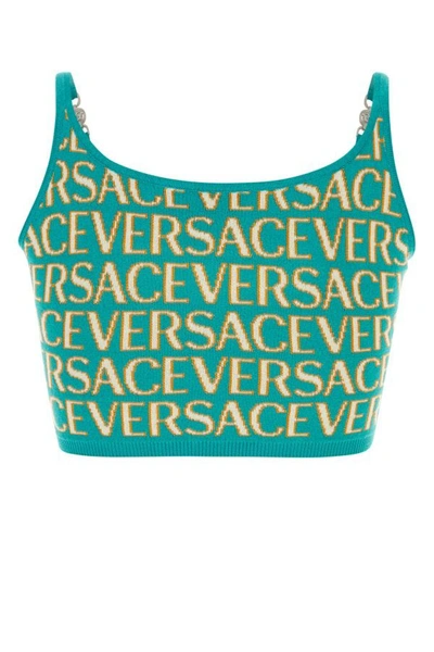Shop Versace Woman Embroidered Cotton Blend Crop-top In Multicolor