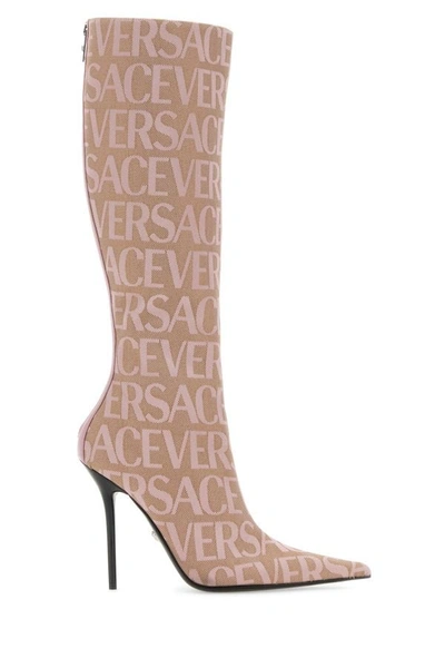 Shop Versace Woman Embroidered Jacquard Cavas  Allover Boots In Multicolor