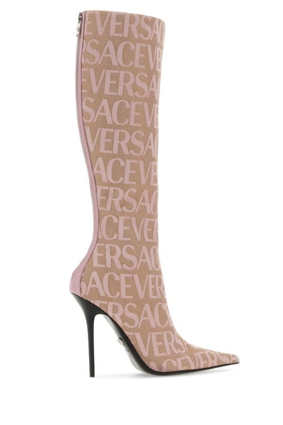 Shop Versace Woman Embroidered Jacquard Cavas  Allover Boots In Multicolor