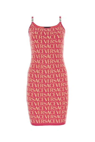 Shop Versace Woman Embroidered Knit Mini Dress In Multicolor