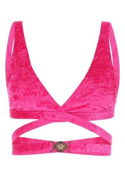 Shop Versace Woman Fuchsia Stretch Velvet Bikini Top In Pink