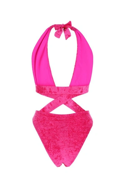 Shop Versace Woman Fuchsia Stretch Velvet Trikini In Pink