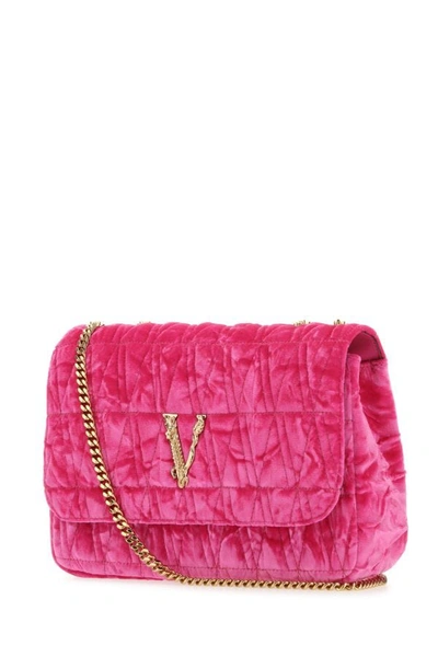 Shop Versace Woman Fuchsia Velvet Virtus Shoulder Bag In Pink