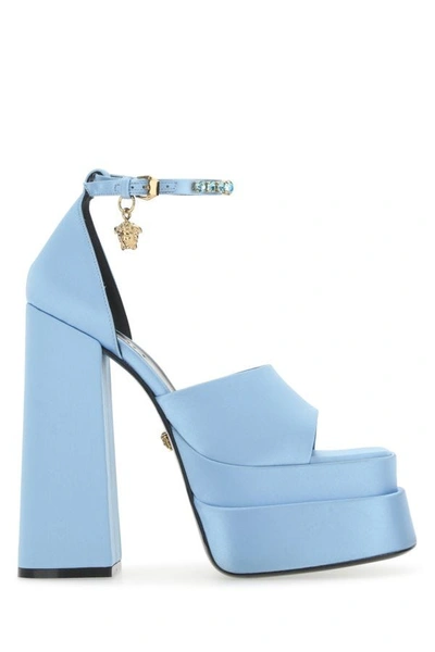 Shop Versace Woman Light-blue Satin Medusa Aevitas Sandals