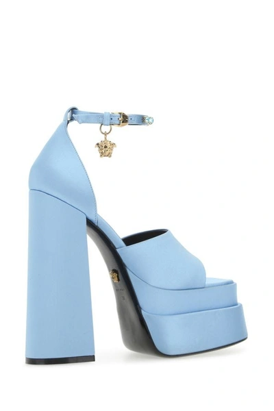 Shop Versace Woman Light-blue Satin Medusa Aevitas Sandals