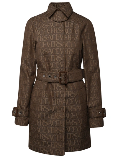 Shop Versace Woman  Brown Cotton Blend Trench Coat In Cream