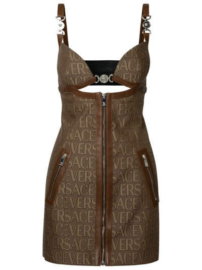 Shop Versace Woman  Beige Cotton Blend Dress In Brown