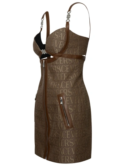 Shop Versace Beige Cotton Blend Dress Woman In Brown