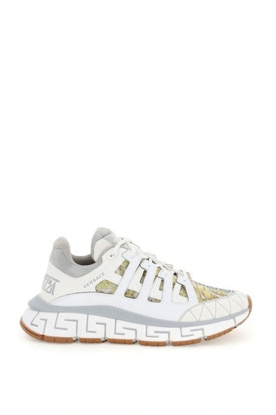 Shop Versace Women White/grey/gold Trigreca Sneakers