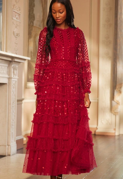 Needle and thread embellished tulle gown top