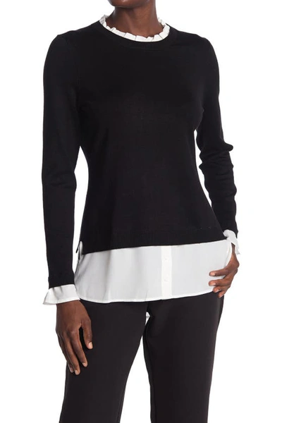 Adrianna Papell Ruffle Neck Twofer Sweater In Black/ivory | ModeSens