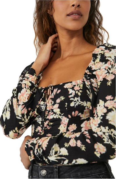 Free People Hilary Print Keyhole Neck Top In Black Combo