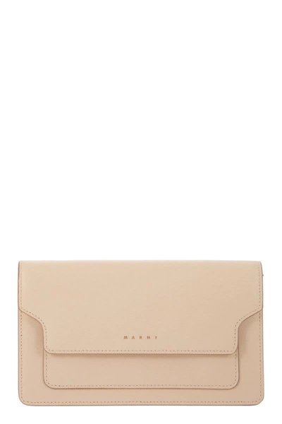 Shop Marni Saffiano Leather Wallet With Detachable Shoulder Strap In Cream