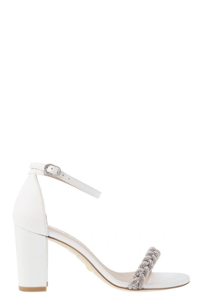 Shop Stuart Weitzman Nearlynude Highshine - Open Sandal With Jewel In White