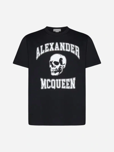 Shop Alexander Mcqueen Skull And Logo Cotton T-shirt In Black,white