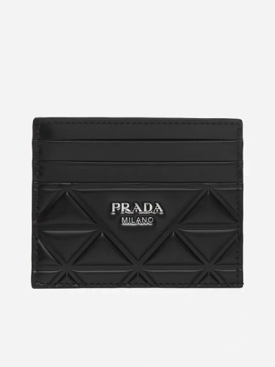 Shop Prada Triangle Motif Leather Card Holder In Black