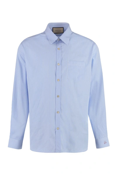 Shop Gucci Striped Cotton Shirt In Light Blue