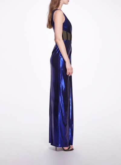 Shop Marchesa Notte Side Cut-out Foiled Gown In Blue