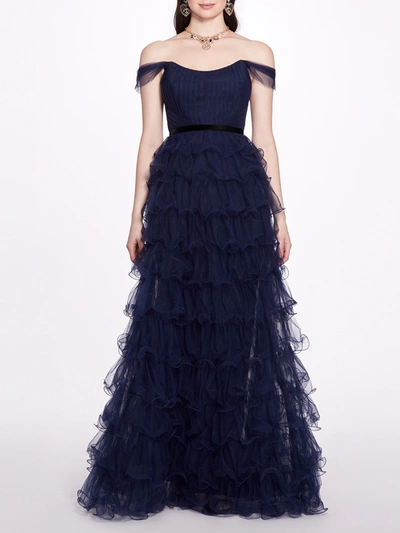 Shop Marchesa Notte Off Shoulder Tiered Gown In Blue