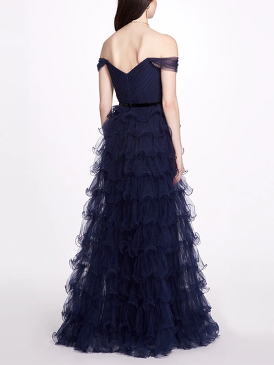 Shop Marchesa Notte Off Shoulder Tiered Gown In Blue