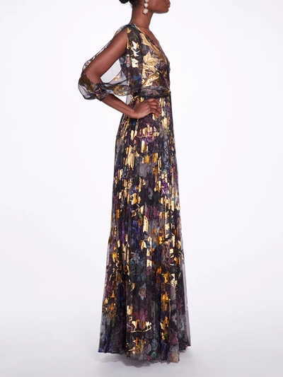 Shop Marchesa Notte Pleated Printed Chiffon Gown In Black