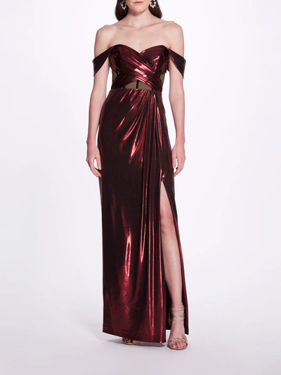 Shop Marchesa Notte Metallic Cutout Off Shoulder Gown In Red