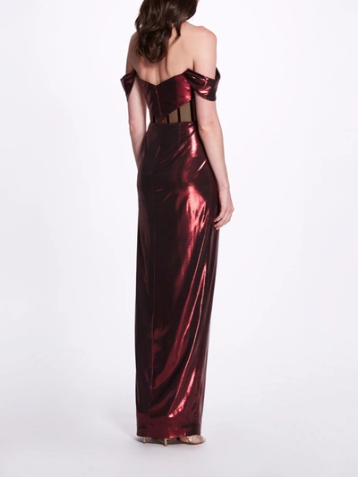Shop Marchesa Notte Metallic Cutout Off Shoulder Gown In Red