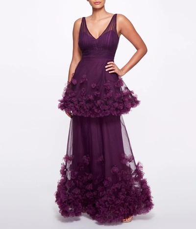 Shop Marchesa Notte Textured Tiered Gown In Purple