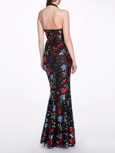 Shop Marchesa Notte Sleeveless Halter Embroidered Sequin Gown In Black