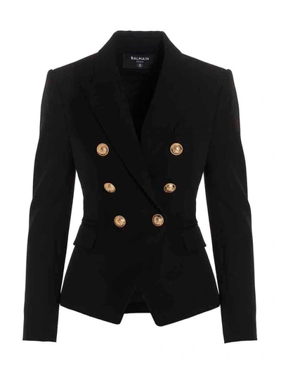 Balmain Black Double-breasted Jacket With Branded Buttons And Asymmetric Cut In Wool Woman