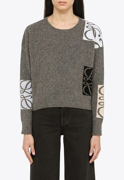 Shop Loewe Anagram Jacquard Wool Sweater In Gray