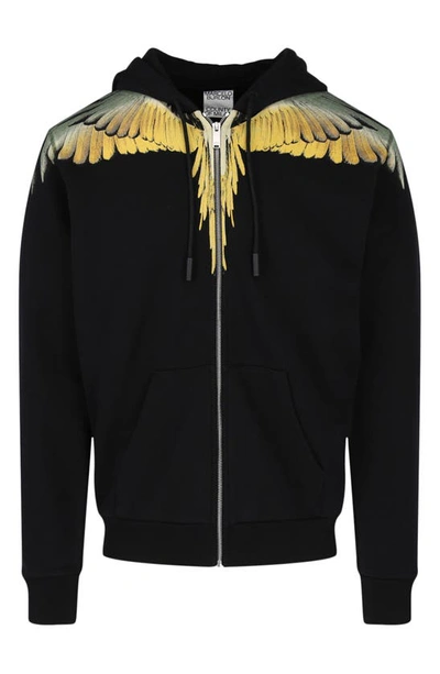Shop Marcelo Burlon County Of Milan Wings Regular Fit Cotton Hoodie In Black Yellow