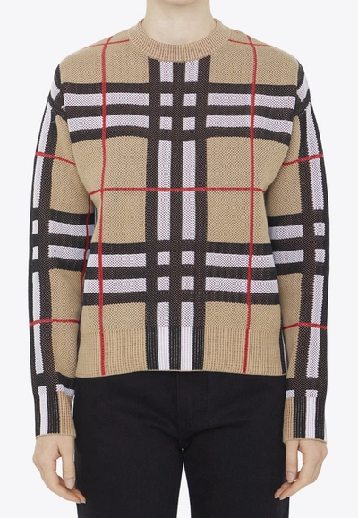 Shop Burberry Checked Knitted Sweater In Beige