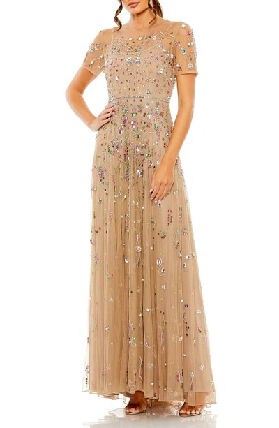 Shop Mac Duggal Embellished Sequin Mesh Gown In Antique Gold