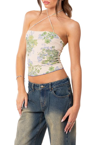 Edikted Garden Party Floral Print Mesh Top In Ivory Mix