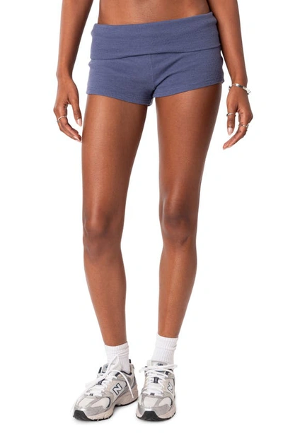 Edikted Lizzy Foldover Waffle Knit Shorts In Navy