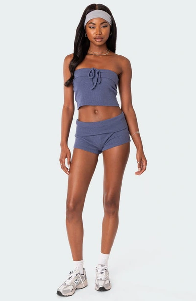 Edikted Lizzy Foldover Waffle Knit Shorts In Navy