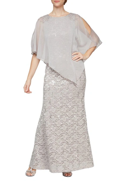 Sl Fashions Beaded Lace & Chiffon Capelet Gown In Buff